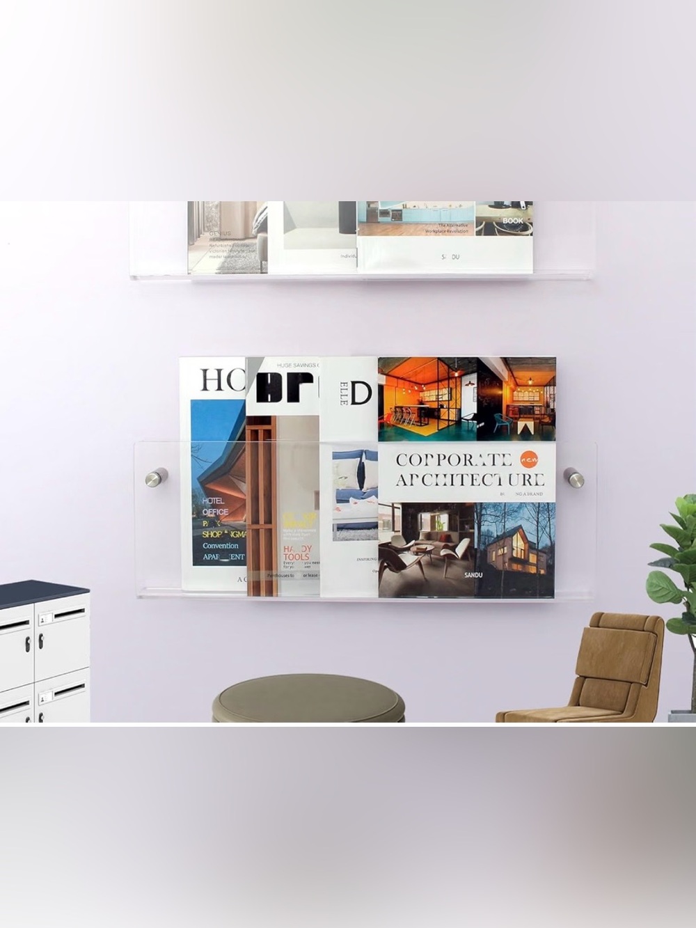 One of Clear Acrylic Magazine Holder, Wall Mount Hanging Bookshelf